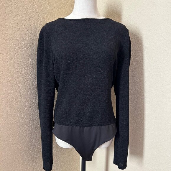 Astr The Label Black Puff Sleeve Long Sleeve Bodysuit Open Back Crepe Size XL - Picture 2 of 6